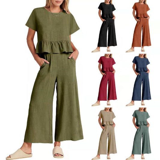 Ensemble 2 pièces décontracté pour femme, haut à manches courtes et pantalo