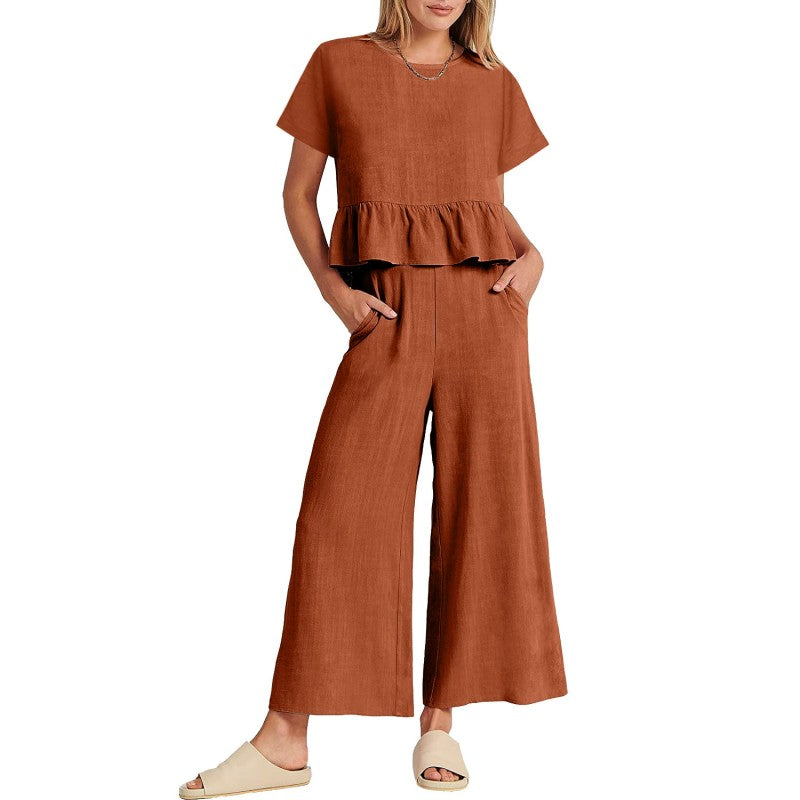 Ensemble 2 pièces décontracté pour femme, haut à manches courtes et pantalo
