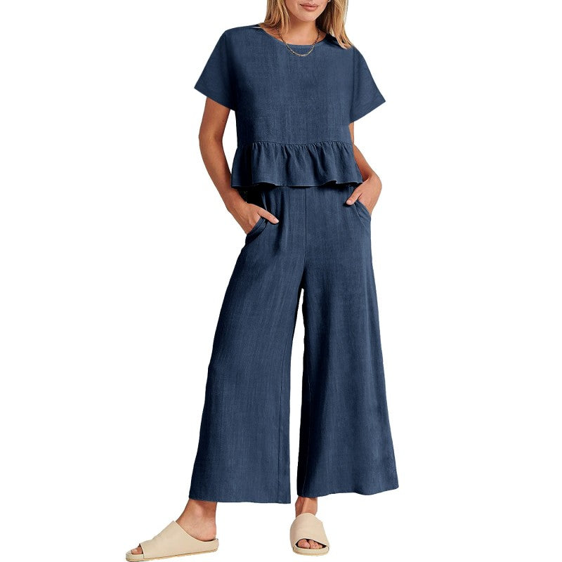Ensemble 2 pièces décontracté pour femme, haut à manches courtes et pantalo
