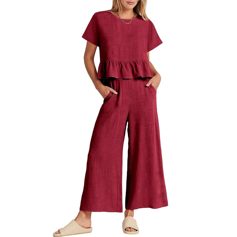 Ensemble 2 pièces décontracté pour femme, haut à manches courtes et pantalo