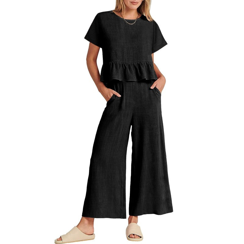 Ensemble 2 pièces décontracté pour femme, haut à manches courtes et pantalo
