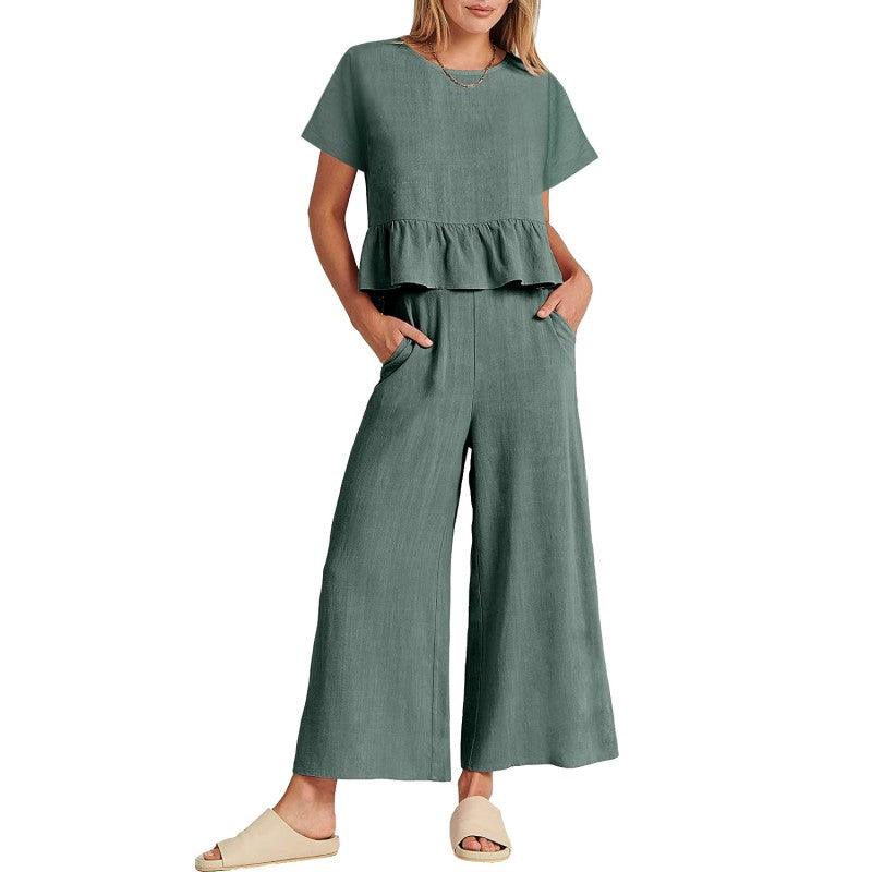 Ensemble 2 pièces décontracté pour femme, haut à manches courtes et pantalo