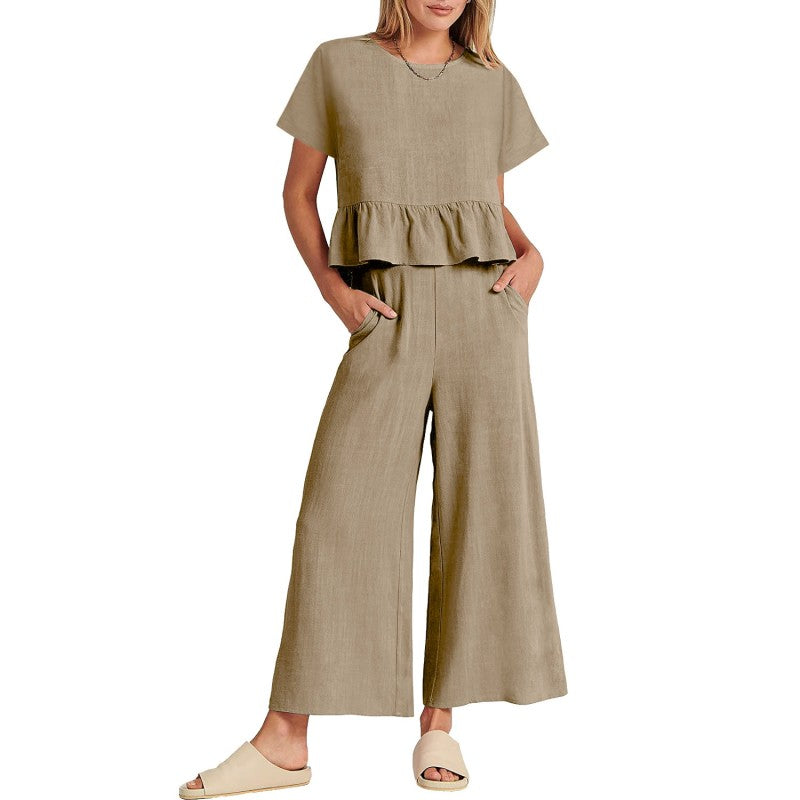 Ensemble 2 pièces décontracté pour femme, haut à manches courtes et pantalo