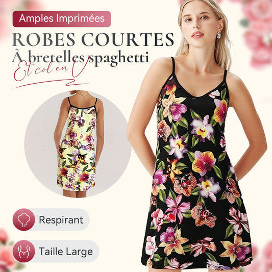 Robes courtes amples imprimées à bretelles spaghetti et col en V