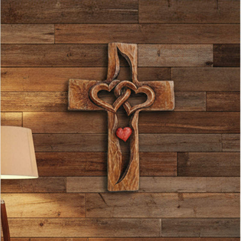 ✝️Croix de mariage murale en bois❤️Cœurs entrelacés, symbole d’amour & foi – Prête à accrocher !