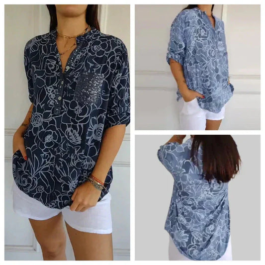 Blouse femme col V imprimé fleuri